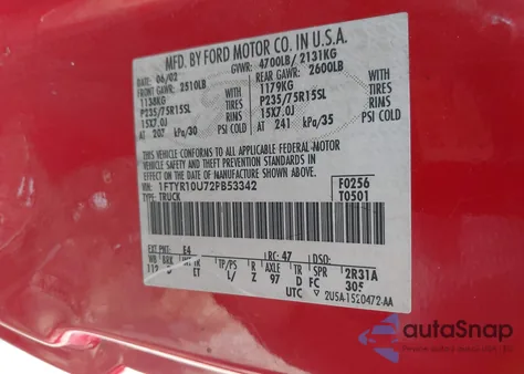 2002 Ford Ranger Edge/Xl/Xlt from USA, damaged, VIN 1FTYR10U72PB53342